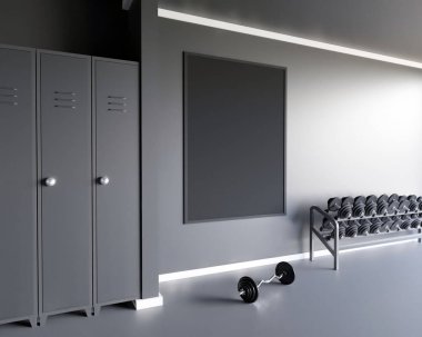 Alay sahne, 3d resim, spor, spor salonu, fitness, soyunma odası duvar, beyaz perspektif, resim.