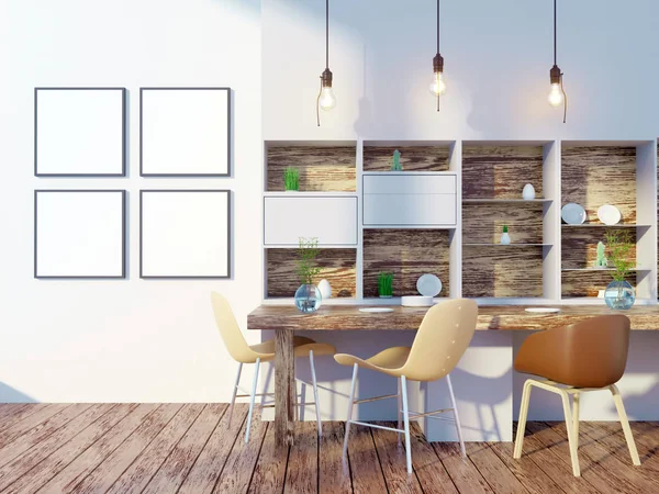 Dining room and kitchen interior wall mock up on white background, 3D rendering, 3D illustration