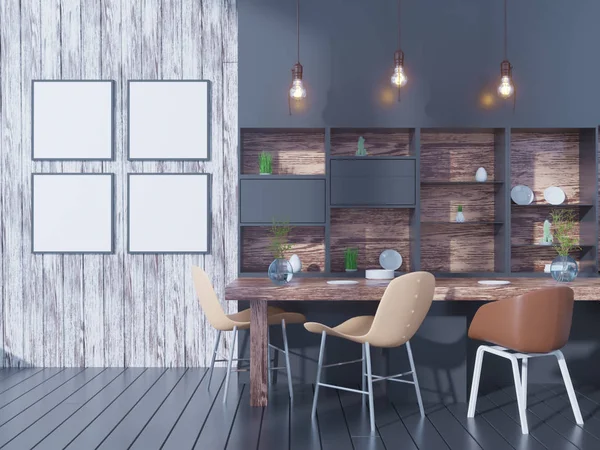 Jadalnia i kuchnia wnętrz ściany makiety na białym tle, renderowania 3d, 3d ilustracja — Zdjęcie stockowe