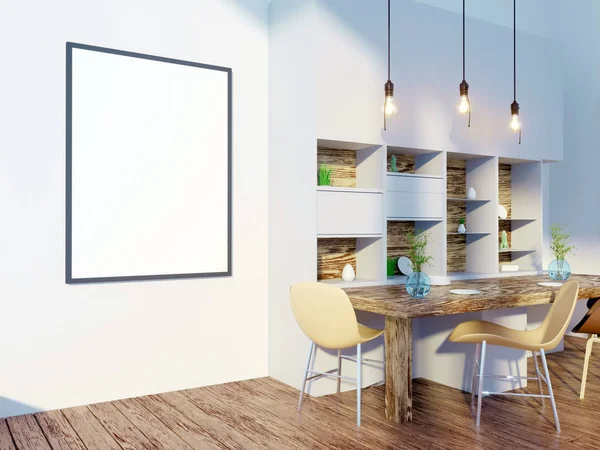 Comedor y cocina pared interior se burlan de fondo blanco, representación 3D, ilustración 3D — Foto de Stock
