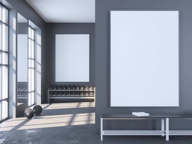 Alay sahne, 3d resim, spor, spor salonu, fitness, soyunma odası duvar, beyaz perspektif, resim.