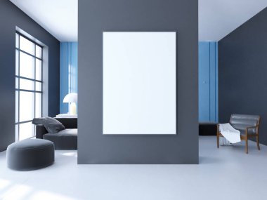 Parlak beton Oda boş posteri ile. Galeri, sergi, kavramı reklam. Alay etmek yukarıya, 3d çizim