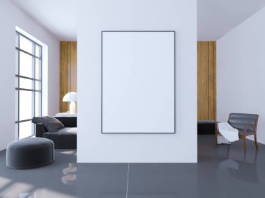 Parlak beton Oda boş posteri ile. Galeri, sergi, kavramı reklam. Alay etmek yukarıya, 3d çizim