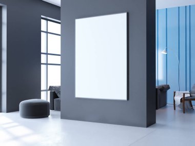 Parlak beton Oda boş posteri ile. Galeri, sergi, kavramı reklam. Alay etmek yukarıya, 3d çizim