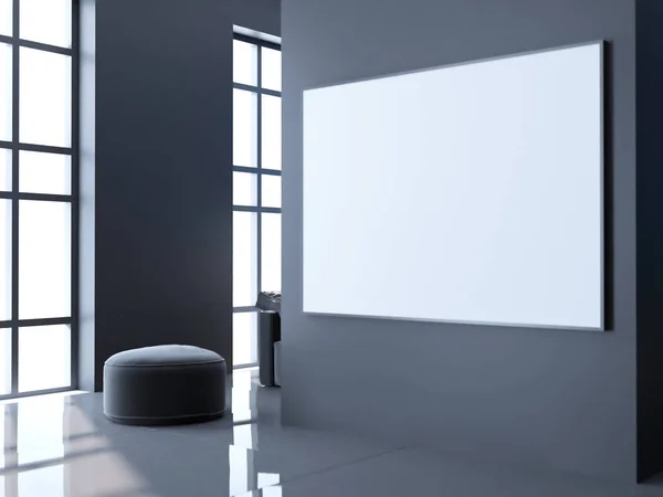 Luminosa stanza di cemento con poster vuoto. Galleria, mostra, concetto di pubblicità. Mock up, illustrazione 3D — Foto Stock
