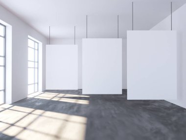 Parlak beton Oda boş posteri ile. Galeri, sergi, kavramı reklam. Alay etmek yukarıya, 3d çizim