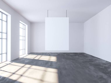 Parlak beton Oda boş posteri ile. Galeri, sergi, kavramı reklam. Alay etmek yukarıya, 3d çizim