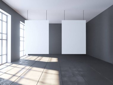 Parlak beton Oda boş posteri ile. Galeri, sergi, kavramı reklam. Alay etmek yukarıya, 3d çizim