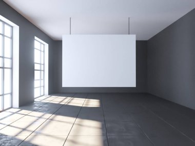 Parlak beton Oda boş posteri ile. Galeri, sergi, kavramı reklam. Alay etmek yukarıya, 3d çizim