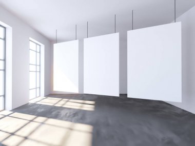 Parlak beton Oda boş posteri ile. Galeri, sergi, kavramı reklam. Alay etmek yukarıya, 3d çizim