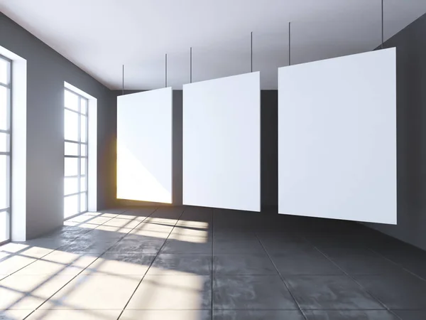 Luminosa stanza di cemento con poster vuoto. Galleria, mostra, concetto di pubblicità. Mock up, illustrazione 3D — Foto Stock