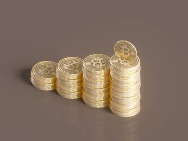 Basılı devre panosunda beş Sanal Bozukluk Bitcoin. 3B Görüntü.