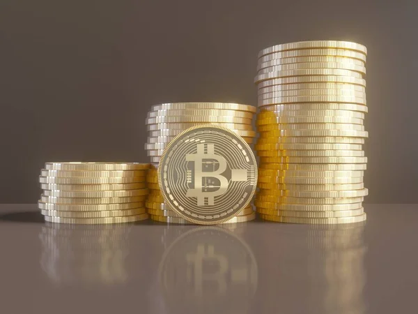 Cinco moedas virtuais Bitcoins na placa de circuito impresso. Ilustração 3D. — Fotografia de Stock
