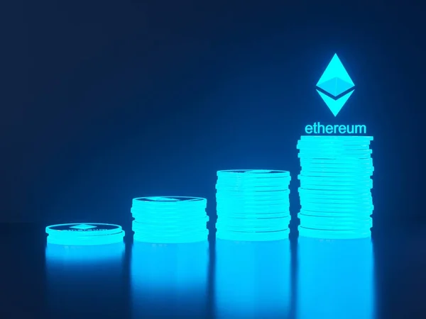 Глянцевий Ethereum в розмиті крупним планом. Криптографічного валюти фінансова та банківська справа, як 3d ілюстрація концепції. — стокове фото