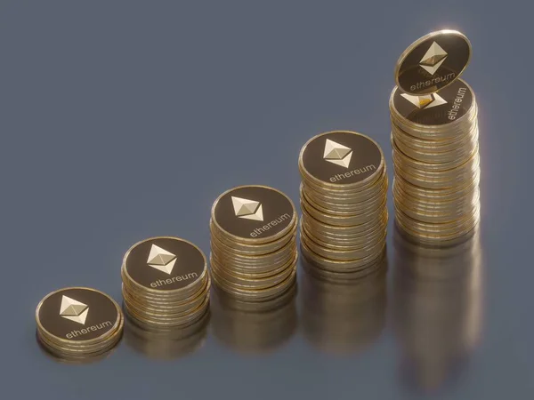 Ethereum brillante en primer plano borroso. Cripto-moneda financiera y bancaria como concepto de Ilustración 3D . — Foto de Stock