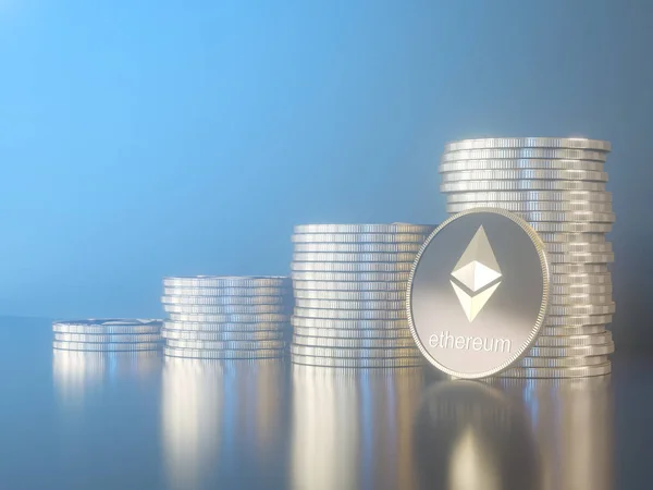 Glossy Ethereum in blurred closeup. Crypto-currency finance and banking as 3D Illustration concept.