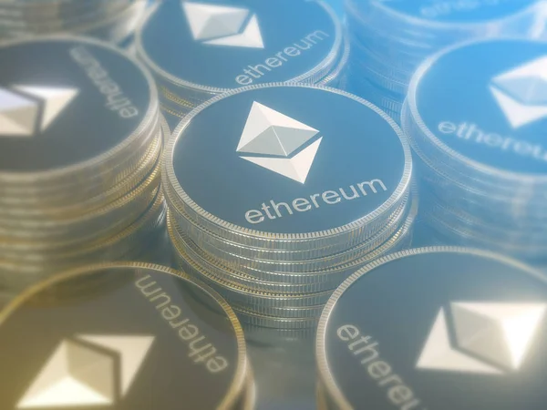 Glänsande Ethereum i suddig närbild. Crypto-valuta finans- och bankverksamhet som 3d Illustration begrepp. — Stockfoto