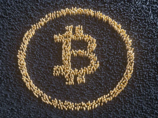 Pět virtuálních mincí Bitcoinů na desce tištěných obvodů. 3D ilustrace. — Stock fotografie
