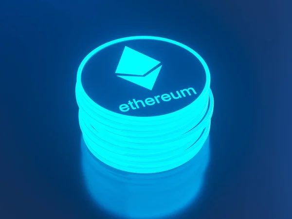 Глянцевий Ethereum в розмиті крупним планом. Криптографічного валюти фінансова та банківська справа, як 3d ілюстрація концепції. — стокове фото