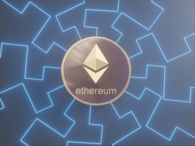 Bulanık closeup parlak Ethereum. Kripto-para Finans ve bankacılık 3d illüstrasyon kavramı olarak.