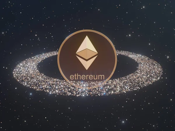 Etherium 被金币、cryptocurrency、monero 3d 渲染插图所包围. — 图库照片