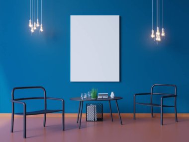 geniş modern mavi duvar kağıdı ve iç düzeni dekorasyon 3d Illustrator