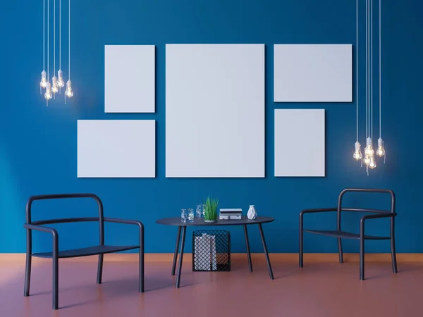 Szeroki nowoczesne tapety niebieski i układ wnętrza dekoracje 3d w programie illustrator — Zdjęcie stockowe
