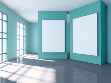 Boş posteri ile parlak oda. Galeri, sergi, kavramı reklam. Alay etmek yukarıya, 3d çizim