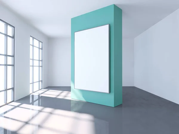 Chambre lumineuse avec affiche vide. Galerie, exposition, concept publicitaire. Maquette, illustration 3D — Photo