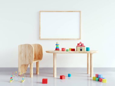 Beyaz çocuk odasında masa ve sandalye. Çocuk odasındaki duvarları süslemek için..