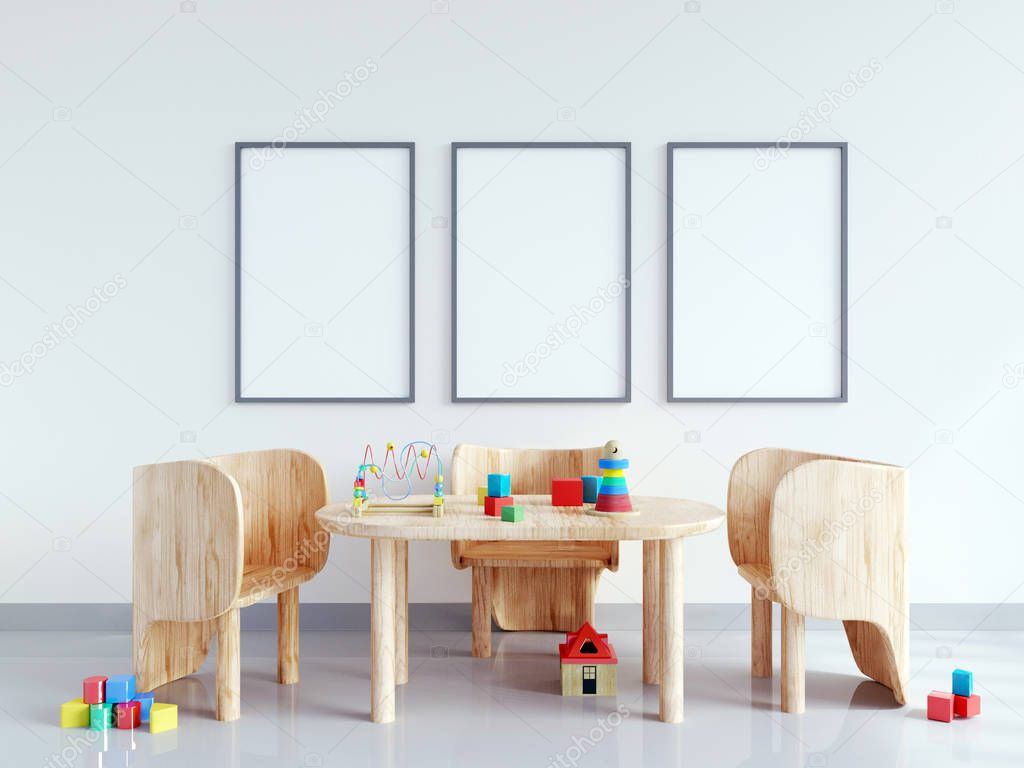 Table and chair in white child room. mock up wall in child room interior.