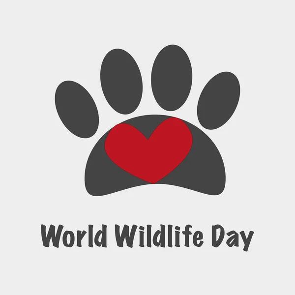 World Wildlife Day Vektor Card Banner mit Tierspur und Herz — Stockvektor