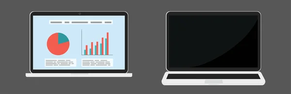 Zwei Vektor-Laptops unterschiedliche Verkürzung, ein und aus Sicht mit finanzieller Infografik isoliert — Stockvektor