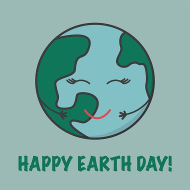 Dünya Günü için vektör kartı. Yeşile git ve gezegeni kurtar. Eğlenceli sevimli mutlu karakter.