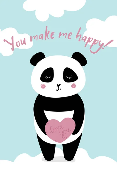 Love card with panda you make me happy — Stock Vector