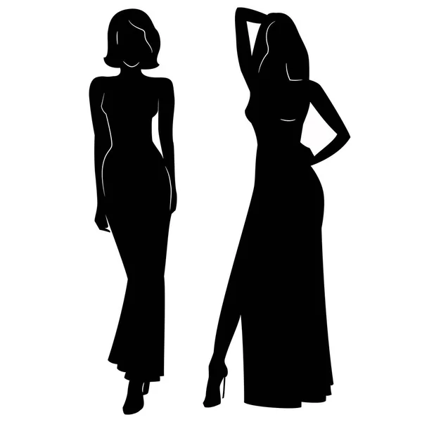 Silhueta de mulheres bonitas na ilustração vetor vestido de noite — Vetor de Stock