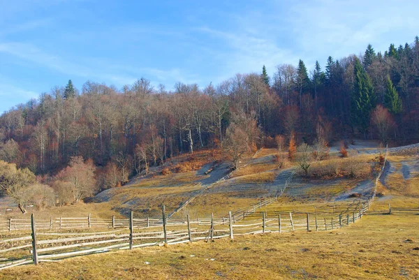 Ландшафт поздней осени, деревянные заборы на лугу — стоковое фото