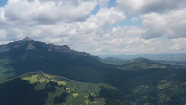 Paisaje aéreo de verano de bosque verde y montañas rocosas — Vídeo de stock