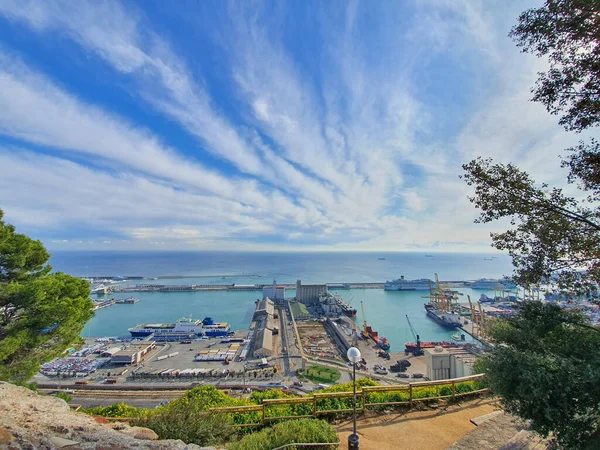 Vista Aérea Desde Colina Montjuic Sobre Puerto Industrial Barcelona Barcos — Foto de Stock
