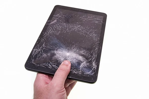 Hand Holding Cracked Tablet White Bacground — Stock Photo, Image