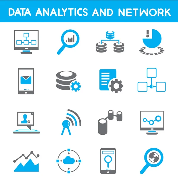 Iconos de análisis de datos, red y concepto de comunicación — Vector de stock