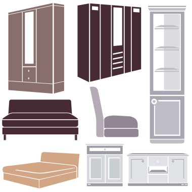 Mobilya ayarla, beyaz arka plan üzerinde iç tasarım