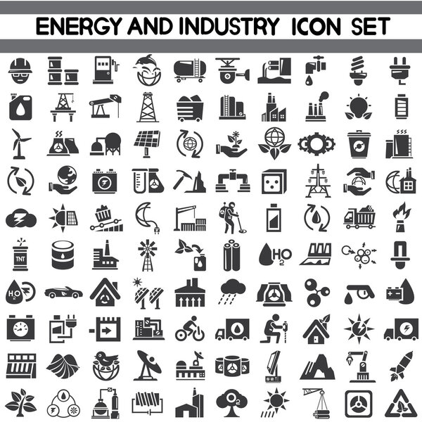 Набор значков энергетики и промышленности, зеленые иконки
