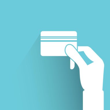 ödeme, el basılı kredi kartı, mavi arka plan, düz ve gölge tema