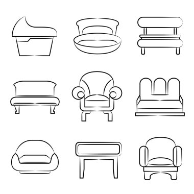 kanepe simgeler, kanepe, sandalye Icons set, iç tasarım konsepti Eskiz