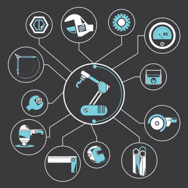 Robot kavramı, makine mühendisliği kavramı bilgi grafiği siyah arka plan