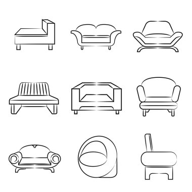 kanepe simgeler, kanepe, sandalye Icons set, iç tasarım konsepti Eskiz
