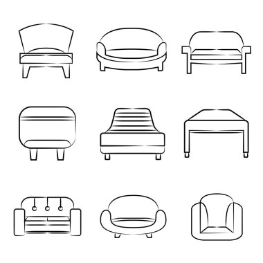 kanepe simgeler, kanepe, sandalye Icons set, iç tasarım konsepti Eskiz