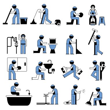 Sıhhi tesisat servis simgeleri, temiz işçi simgeleri set