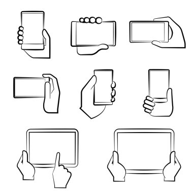 akıllı telefon tablet ve elektronik cihaz holding çizilmiş el eller ayarla
